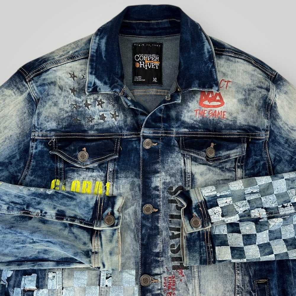 Copper Rivet Denim Jacket Mens XL Blue Bomber Graphic Checkered Street Art Skull - Picture 7 of 10